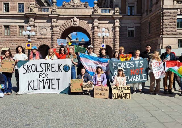 Švédská ekologická aktivistka Greta Thunbergová (vpravo dole) oznámila, že ukončila střední školu, a tím také končí své školní stávky za klima.