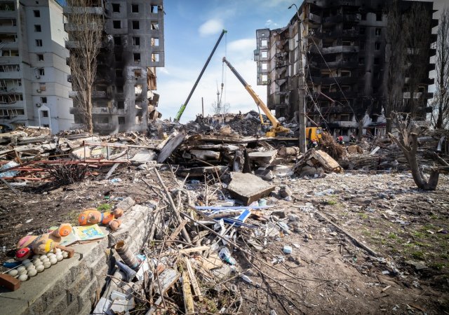 Ulice města Borodyanka, která byla téměř srovnána se zemí. Ruská armáda ostřelovala bez cíle a smyslu veškeré budovy.