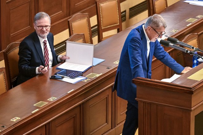 Premiér Petr Fiala (ODS) a předseda hnutí ANO Andrej Babiš