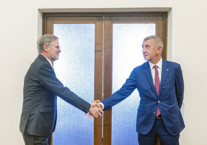 Premiér Petr Fiala (ODS) a předseda hnutí ANO Andrej Babiš