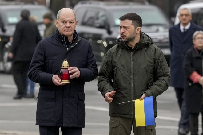 Německý kancléř Olaf Scholz a ukrajinský prezident Volodymyr Zelenskyj