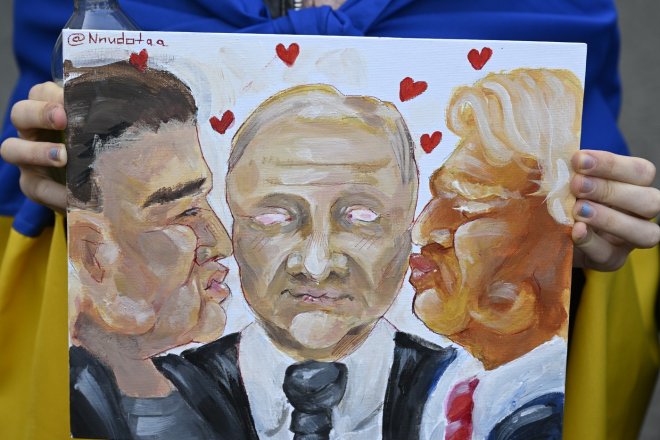 karikatura Elon Musk, Vladimir Putin, Donald Trump