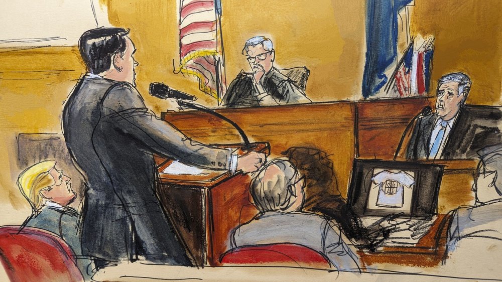 Kresba bývalého amerického prezidenta Donalda Trumpa u soudu na Manhattanu