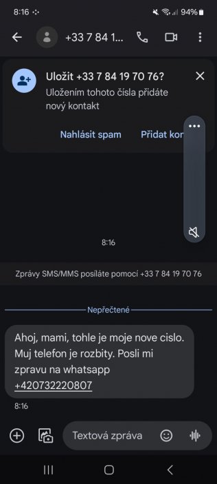 Ukázka podvodné zprávy SMS 