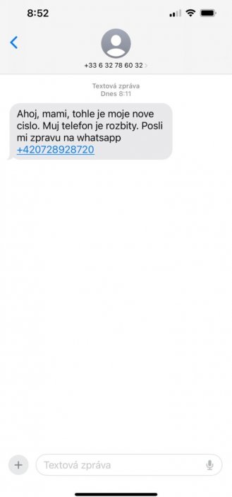 Ukázka podvodné zprávy WhatsApp