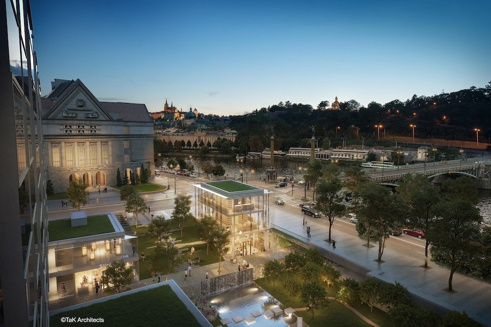 Architekti rovněž navrhli proměnu okolí hotelu. Například na Dvořákově nábřeží vzniká zahrada, nový skleněný pavilon a také průchod na náplavku.