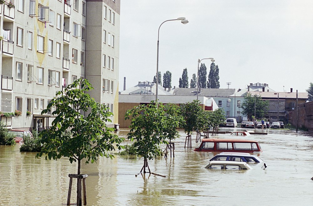 Takřka utopené automobily a stromy v Kaštanové ulici v Olomouci. (10.7.1997)