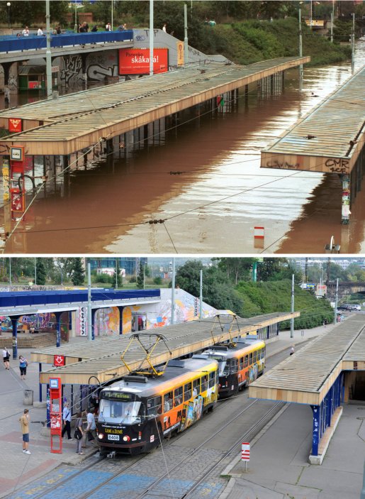 Stanice metra Vltavská v srpnu 2002 a o deset let později.