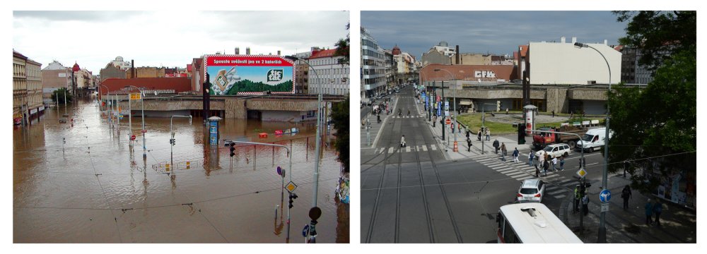 Na snímcích je pro srovnání ulice Sokolovská na Florenci - vlevo stav při povodních 14. srpna v roce 2002, vpravo snímek z 5. června 2013.