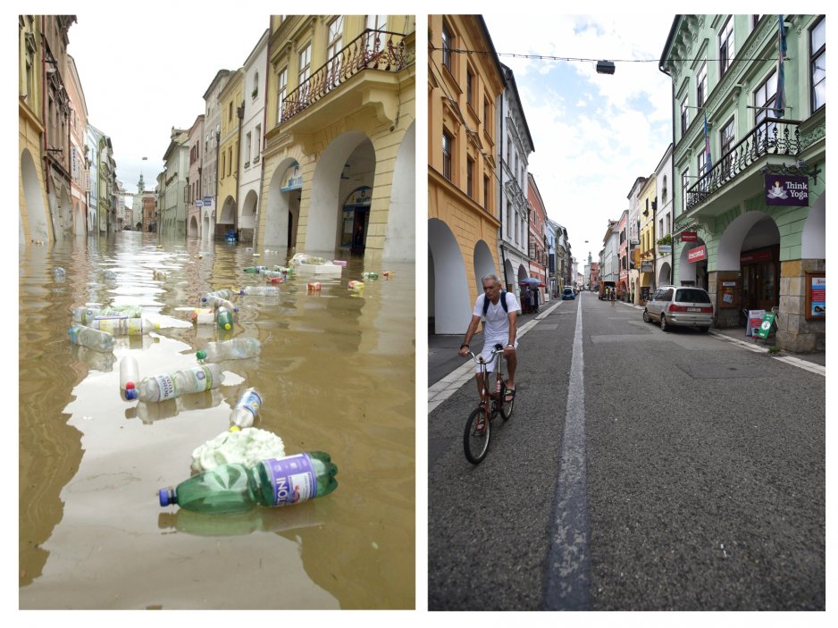 Jednou z nejvíce zasažených pražských čtvrtí byl při povodních v roce 2002 pražský Karlín. Na snímku z 13. srpna 2002 (vlevo) je Křížíkova ulice a vpravo stejné místo na snímku z 2. srpna 2017. 