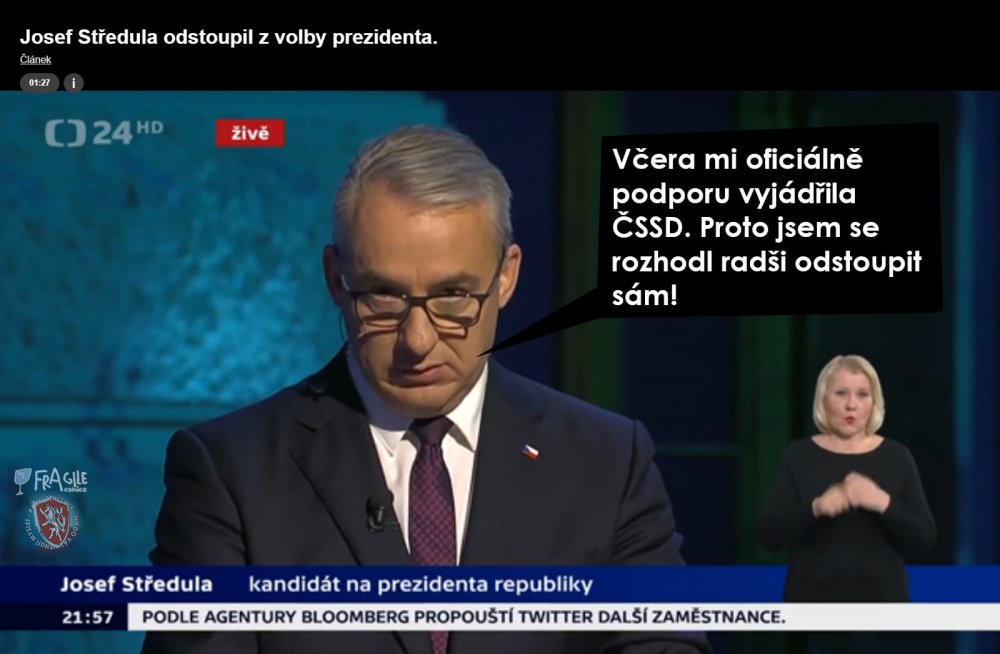 Josef Středula v debatě na České televizi oznámil, že odstupuje z voleb. Jeden ze vtipálků na sociálních sítích měl o skutečném důvodu odstoupení odborového bosse jasno.