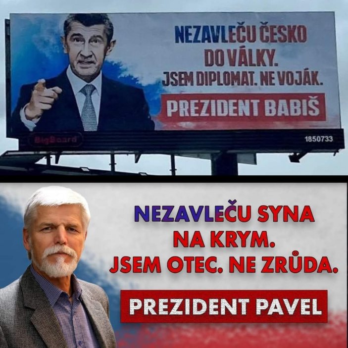 “Protiválečný” billboard Andreje Babiše zaujal tvůrce na sociálních sítích asi nejvíce.