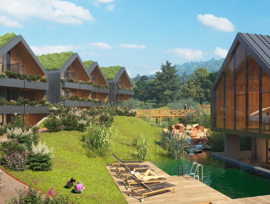 Vizualizace dalšího z developerských projektů Mika Volarika - Family & Spa Resort Turold, který by měl do budoucna nabídnout až 120 pokojů s plnou udržitelností. Projekt se nyní přepracovává, aby zahrnoval ještě větší zelenost.