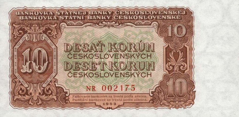 10 Kčs bankovka Státní banky československé, avers (1953)