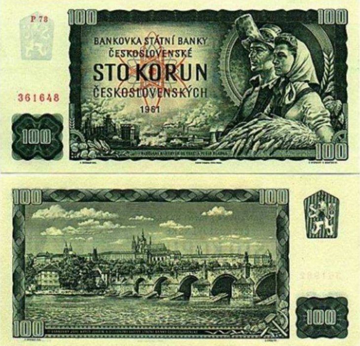 Bankovka 100 Kčs z roku 1961.  Je rekordmanem a platila přes třicet let. Původně ji měla nahradit nová stokoruna s Klementem Gottwaldem, po pádu komunismu však byla prodloužena platnost staré stokoruny až do rozdělení Československa v únoru 1993. 