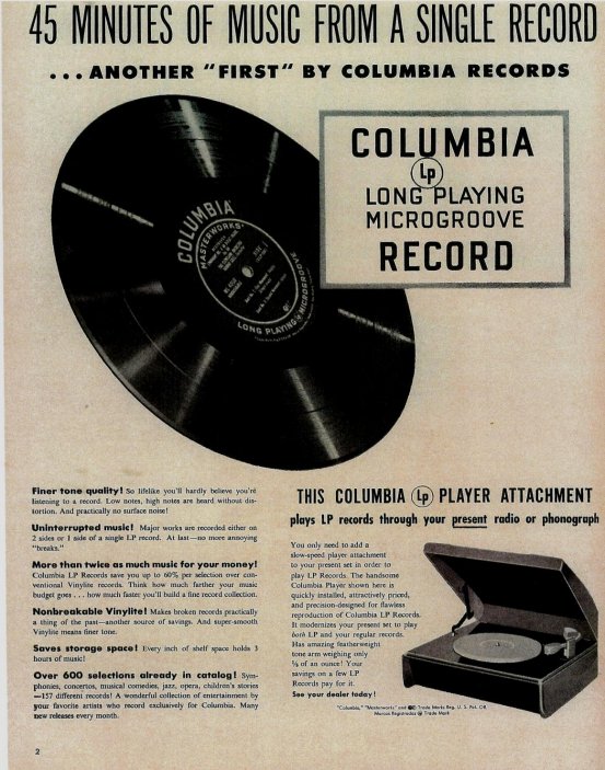 Jeden z prvních inzerátů vydavatelství Columbia Records propagující nový vynález, nahrávky na dlouhohrající vinylové LP desce z roku 1948.